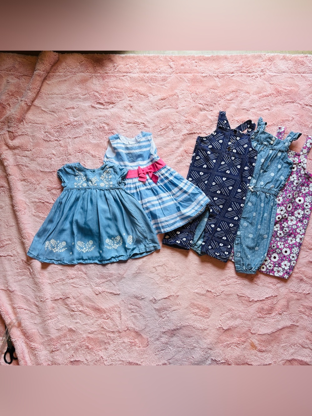 Baby Girls 5 piece dress and jumpsuit Bundle - Blue, Navy & Floral
